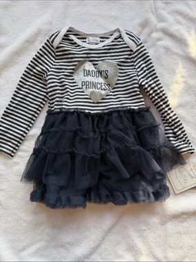 Quiltex Black & White Striped Tulle Ruffle Dress with Glitter Heart
